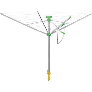 Juwel Novaplus 400 Deluxe Wäschespinne mit Aluminium-Standrohr und grünen Akzenten, inklusive Bodeneindrehhülse.