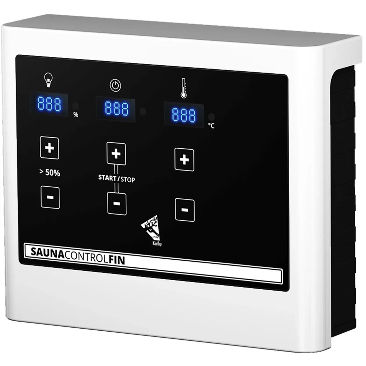 Karibu Sauna Steuergerät mit digitaler Anzeige für Temperatur, Licht und Start/Stop Funktion.