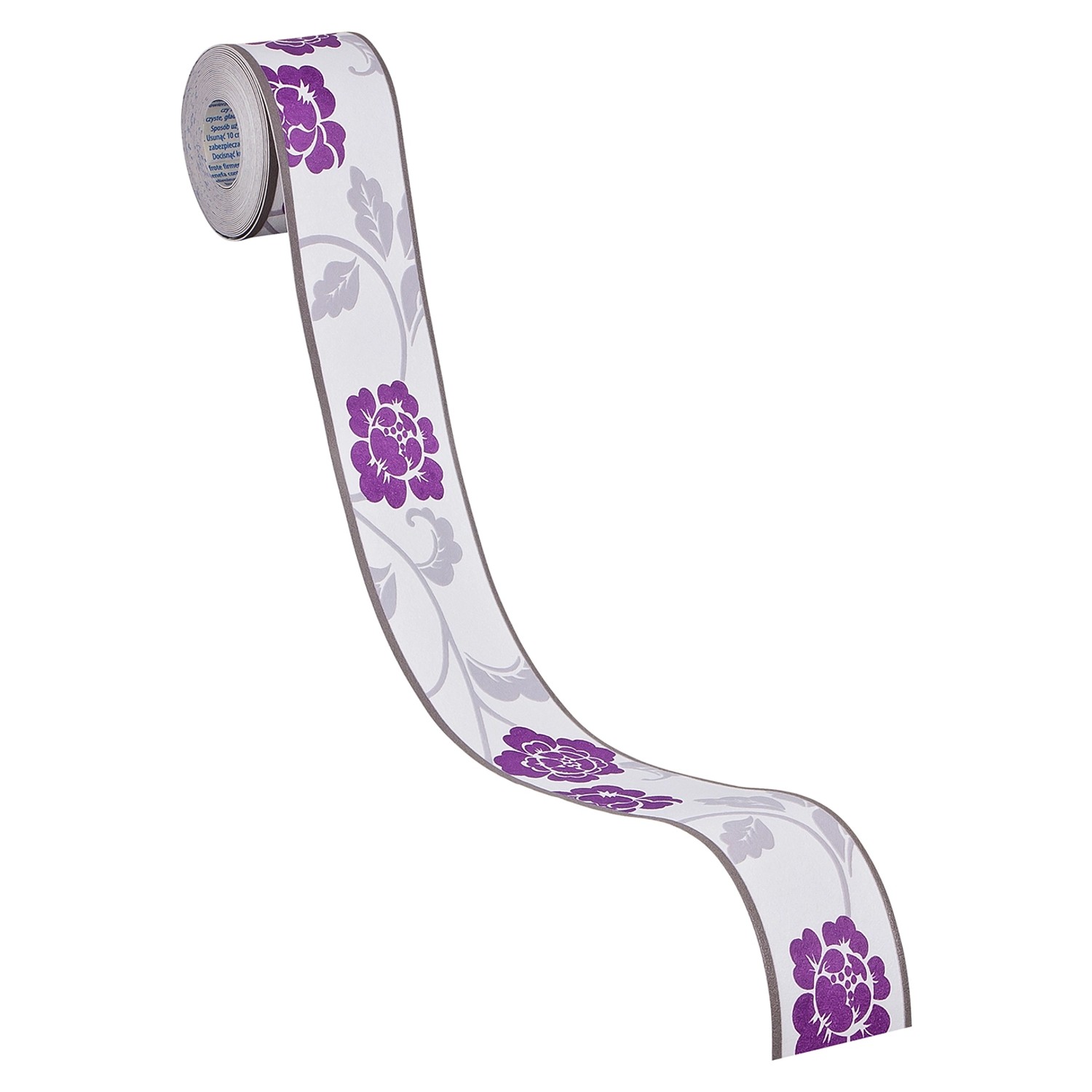 Selbstklebende A.S. Création Borte mit Blumenmuster in Violett und Grau, 5 m x 5 cm.