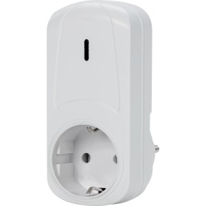 Weißes 2-teiliges Funkschalter-Set zur drahtlosen Steuerung von Elektrogeräten im Innenbereich.