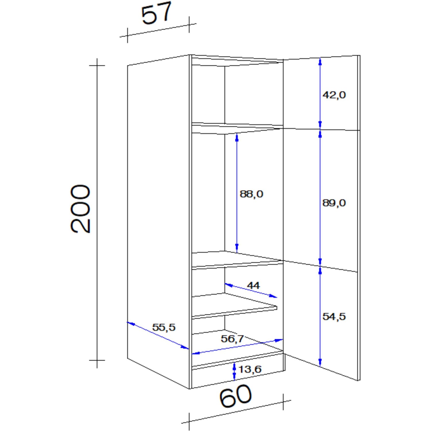 Skizze: Flex-Well Classic Geräteumbauschrank Lucca, 60 cm, weiß, mit Maßen. Ideal für Einbaukühlgeräte.