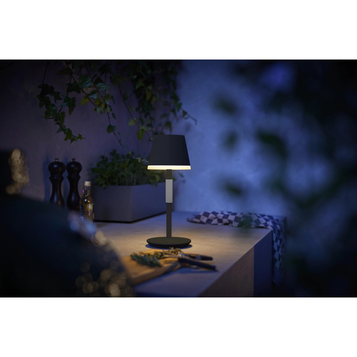 Schwarze Philips Hue Go Tischleuchte für den Innen- und Außenbereich. Smarte, tragbare Lampe mit Farbwechsel.