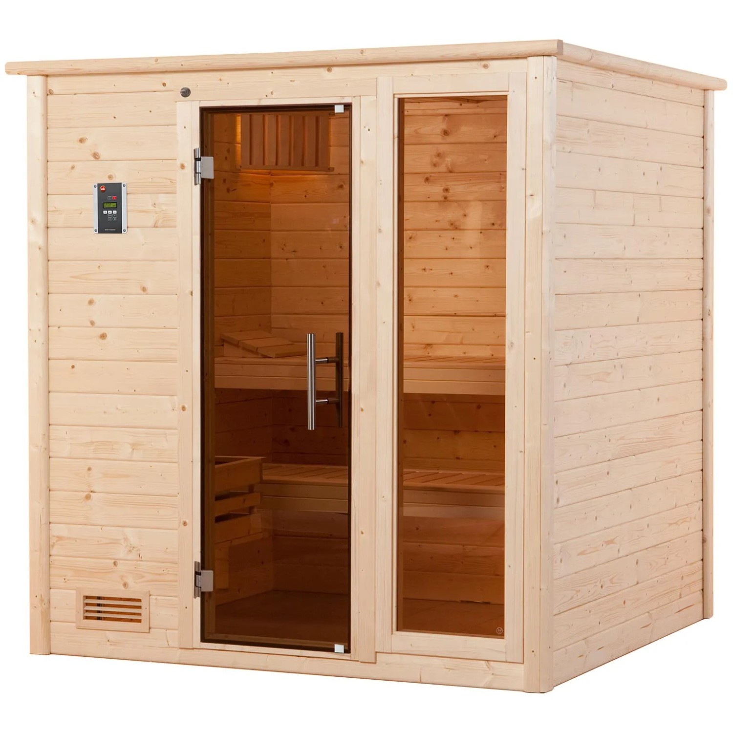 Weka Massivholzsauna Bergen mit Glastür und Fenster, 7,5 kW BioS Sparset.