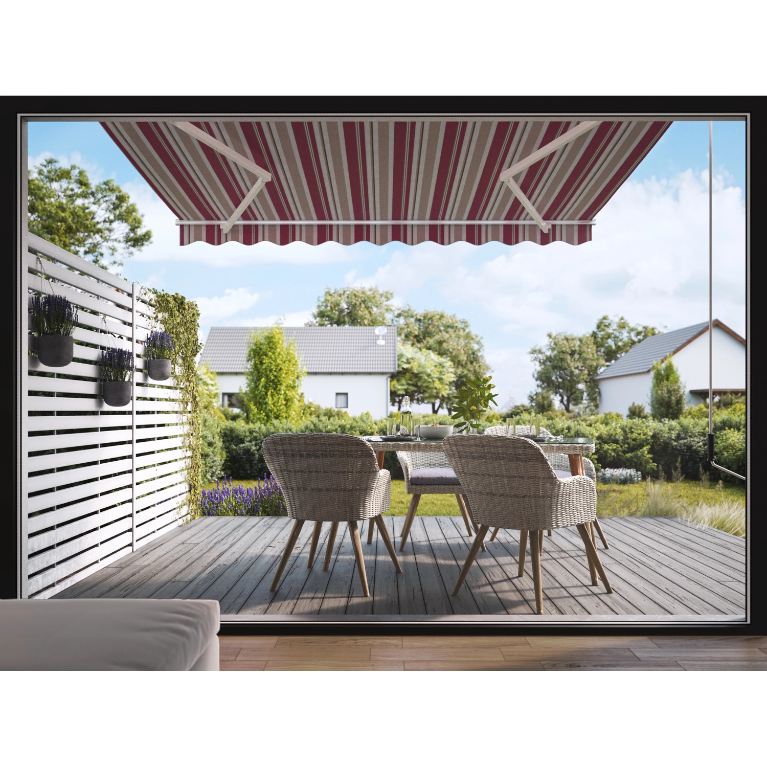 Gelenkarmmarkise Aventura 3x2m in Bordeaux-Beige-Weiß über einer Terrasse mit Gartenmöbeln.