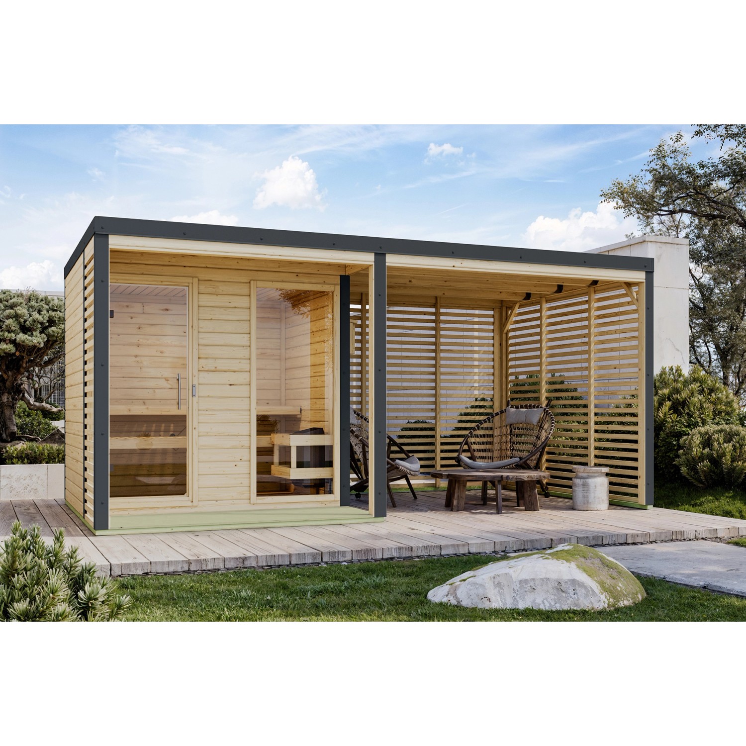 Karibu Saunahaus Seros mit Anbaudach, naturbelassen/anthrazit, mit Lamellenwand als Sichtschutz.