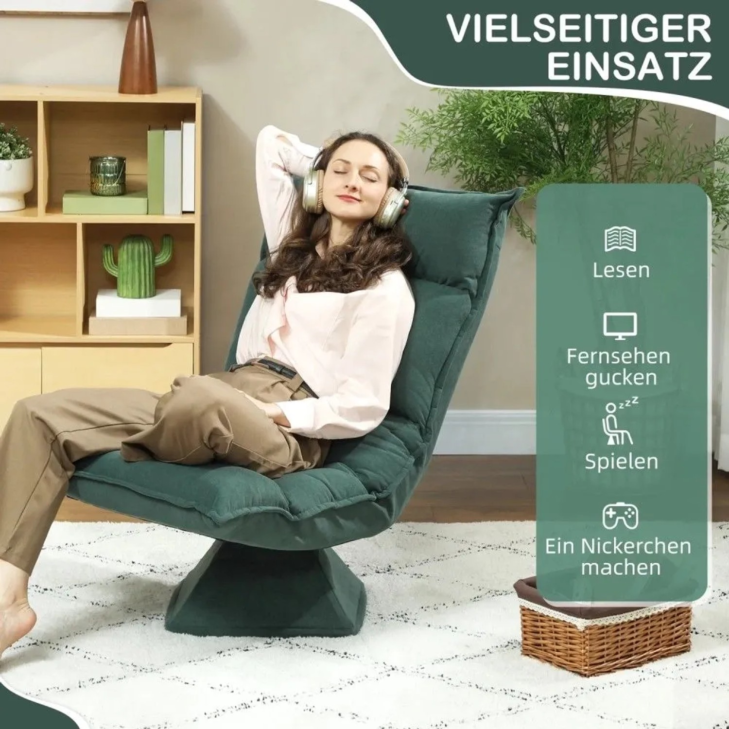 Dunkelgrüner HOMCOM Bodenstuhl, 360° drehbar, verstellbare Rückenlehne. Frau entspannt im Bodensessel, vielseitig nutzbar.