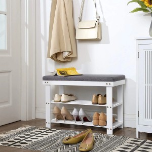 Songmics Schuhbank aus Bambus, weiß und grau, mit zwei Ablageflächen für Schuhe.