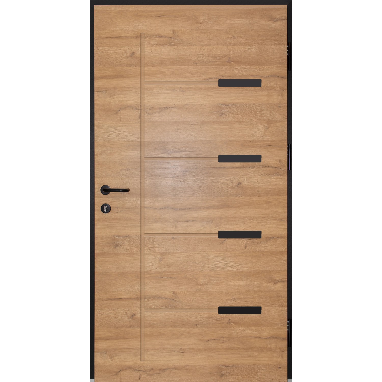 Splendoor Sicherheitshaustür Thermospace Oslo Prime RC2 in Eiche Natur mit schwarzen Akzenten.