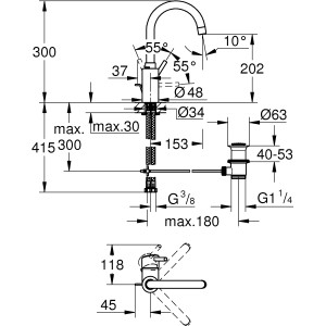 Technische Zeichnung: Grohe Concetto Waschtischarmatur L-Size mit Maßen.