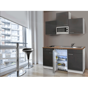 Respekta Küchenzeile KB150WGMI, 150 cm, grau-weiß glänzend mit Kühlschrank und Mikrowelle.