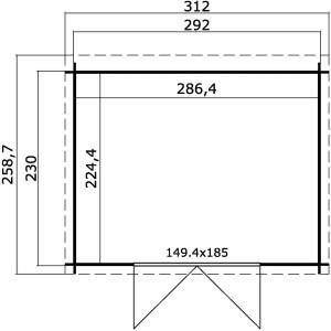 Grundriss Lasita Holz-Gartenhaus Atlanta Gletschergrün, Maße 312x258,7 cm, zur Planung des Gartenhauses.