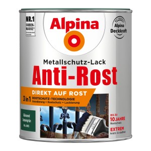 Dunkelgrüne Alpina Metallschutz-Lack Dose mit Anti-Rost Formel und Pinsel.