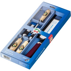 Kirschen Stechbeitel-Satz, 4-teilig mit Weißbuchenheft und Japansäge im blauen Setkasten.