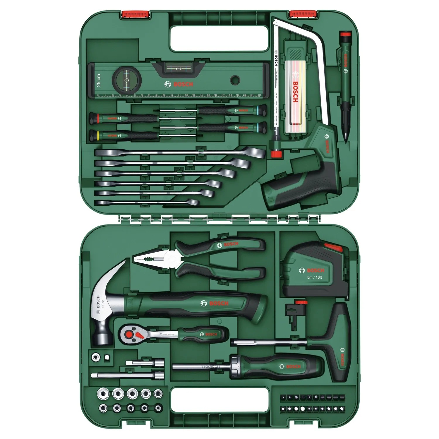Offener, grüner Bosch Werkzeugkoffer Advanced mit 64-teiligem Werkzeug-Set, inklusive Hammer, Säge, Schraubenschlüssel.
