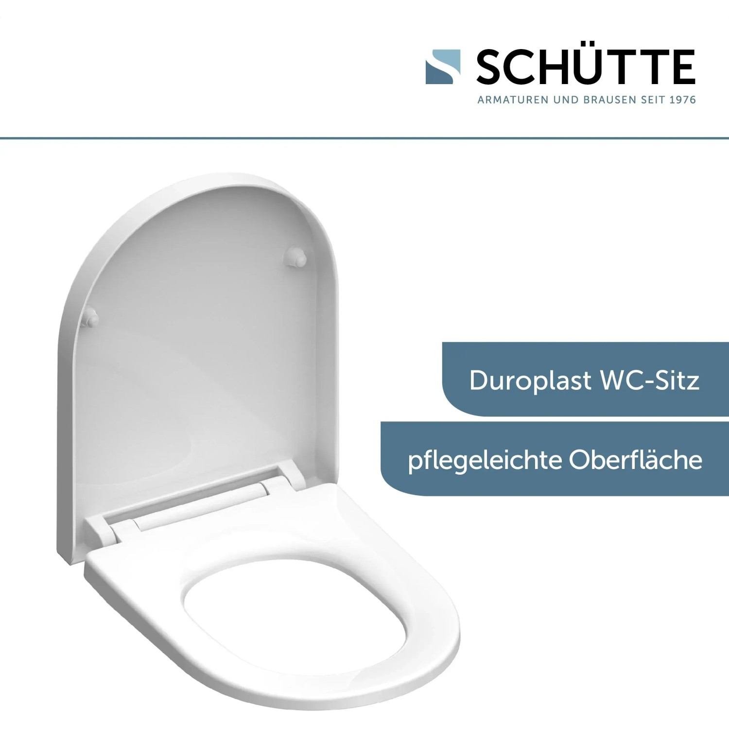 Weißer Schütte WC-Sitz D-Form aus Duroplast mit Absenkautomatik und Schnellverschluss.