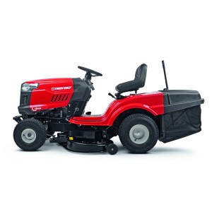 Roter Troy-Bilt Rasentraktor Horse 105T-R mit Heckauswurf und Grasfangkorb.