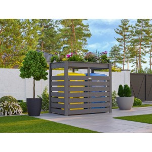 Karibu Mülltonnenunterstand, Terragrau, mit zwei Mülltonnen in Gelb und Blau.