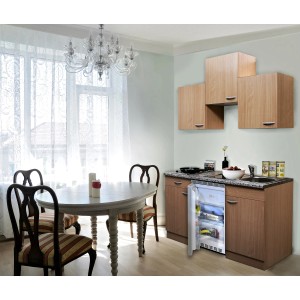 Respekta Küchenzeile 150 cm Buche Glänzend mit Kühlschrank und Kochfeld in Steinoptik.