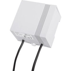 Homematic IP Trafo für Fußbodenheizung, 24V, weiße Gehäuse mit Kabeln.
