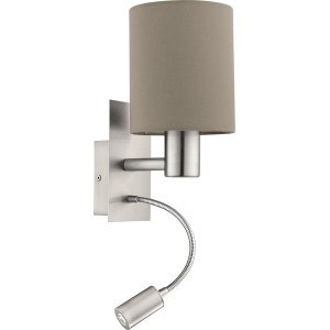 Moderne LED-Wandleuchte Pasteri in Taupe mit Leselampe, Stahl Nickel matt, Textil Schirm.