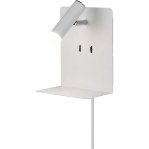 Weiße, matte Trio LED-Wandleuchte Element aus Metall mit USB-Anschluss und Ablage.