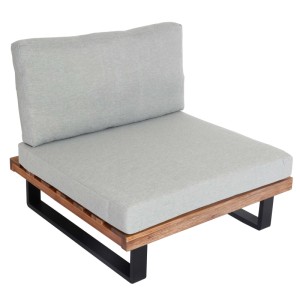 MCW Lounge-Sessel H54, hellbraunes Holz, hellgraue Polsterung. Gartenstuhl mit Sitz- und Rückenkissen.