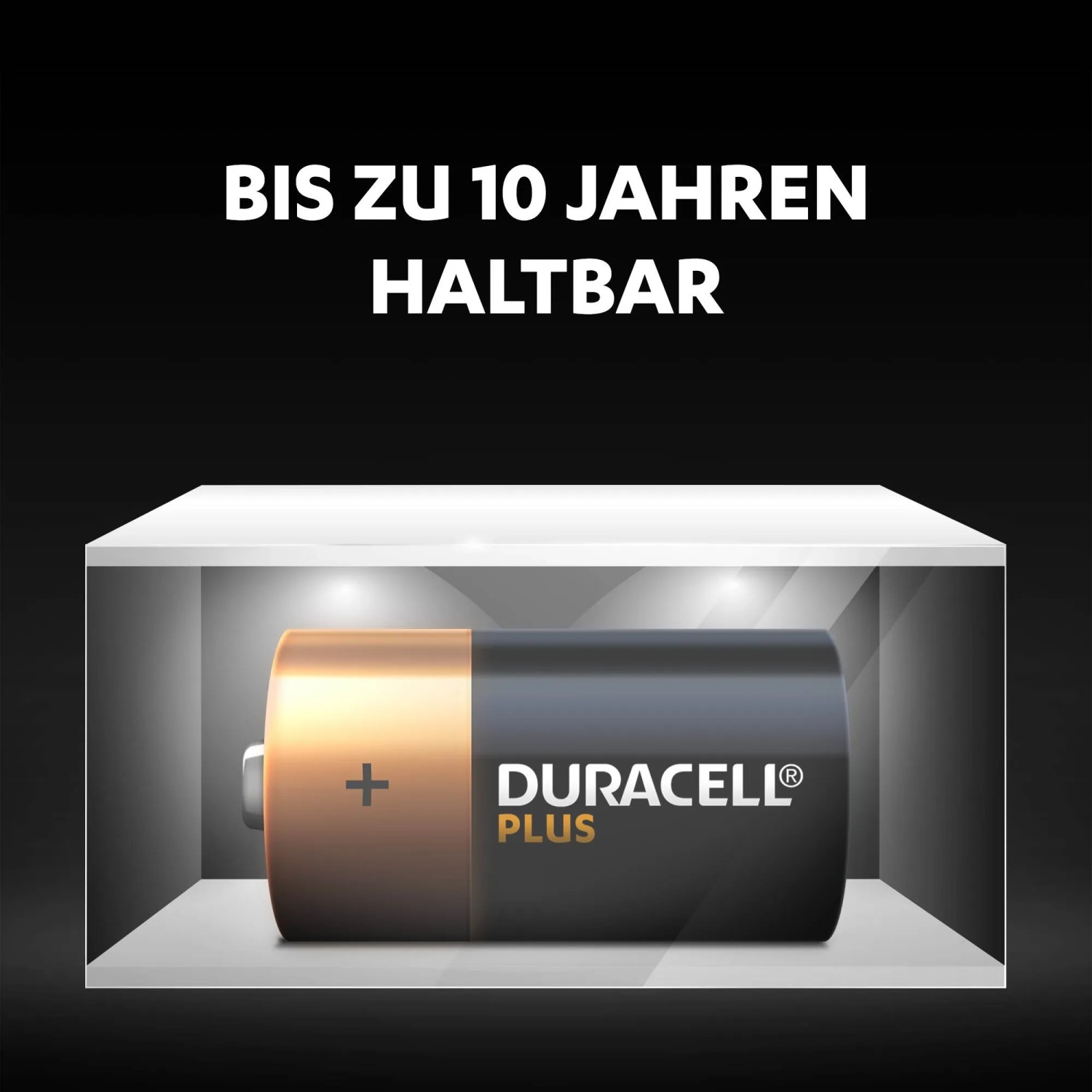 Duracell C Batterie im Regal, bis zu 10 Jahre haltbar.