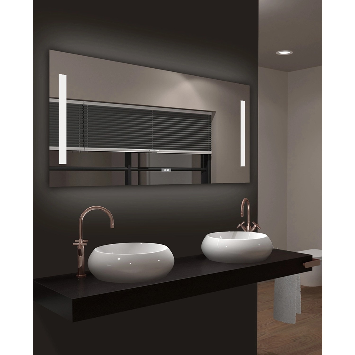 DSK Design LED-Lichtspiegel Silver Time, 120x60 cm, mit Digitaluhr und seitlicher LED-Beleuchtung.