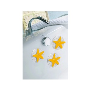 Kleine Wolke Minis Stern Sunshine, 4 gelbe Badhelfer mit Saugnäpfen an Badewanne befestigt.