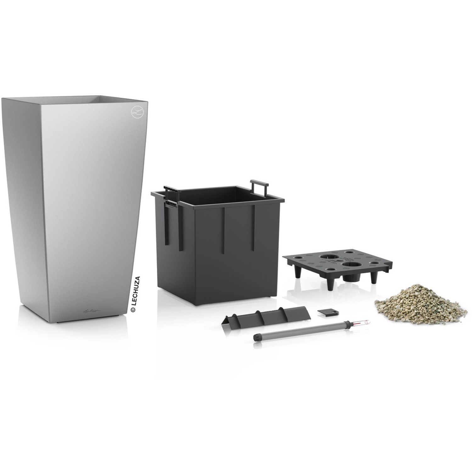 Lechuza Cubico Premium Pflanzgefäß, 22 cm, Silber metallic, mit Bewässerungssystem und Zubehör.