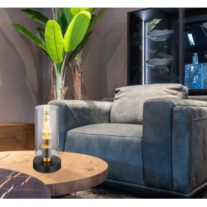 Globo Tischlampe Annika, schwarz matt mit Rauchglas, 30cm hoch. Design-Tischleuchte für Wohnraum.