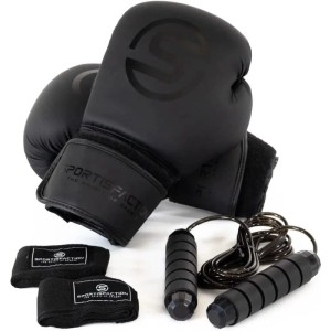 Schwarzes Sportisfaction Boxhandschuh Set mit Bandagen und Springseil.