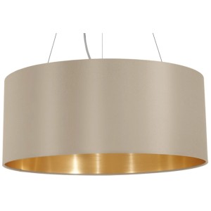 Eglo Maserlo Pendelleuchte, 3-flammig, taupefarbener Stoffschirm mit goldener Innenseite.