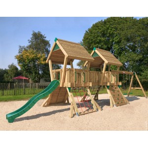 Hy-Land Spielgerät Q4S mit Rutsche und Doppelschaukel aus Kiefernholz im Garten.