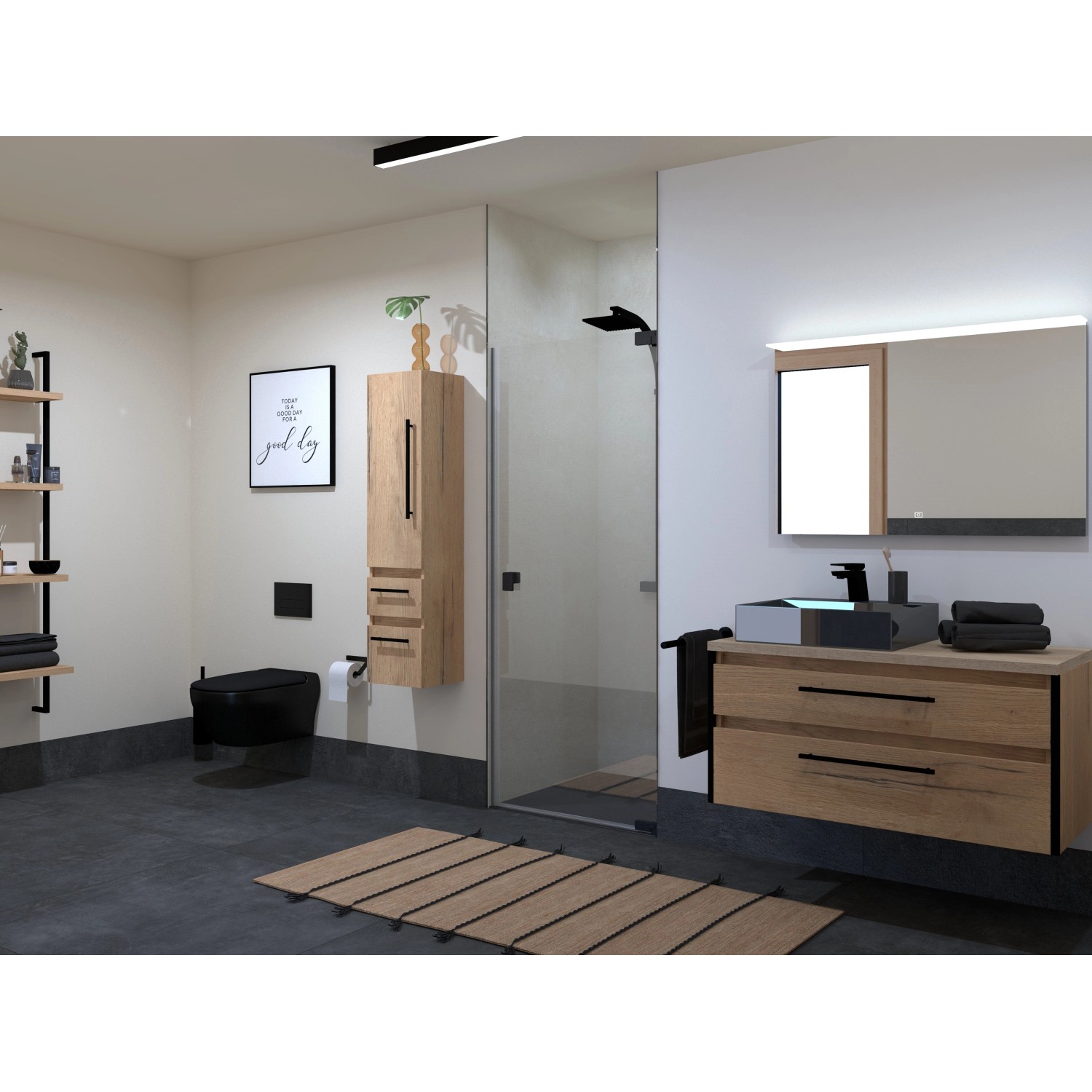 Schöner Wohnen Dusch-Nischentür, 80x200 cm, Schwarzmatt, rahmenlose Duschtür im Badezimmer.