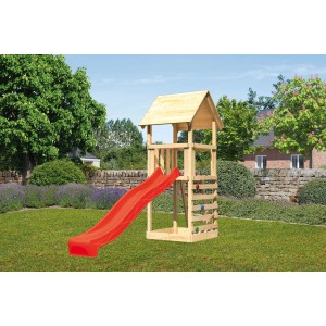 Karibu Spielturm Lotti mit Kletterwand und blauer Rutsche im Garten.
