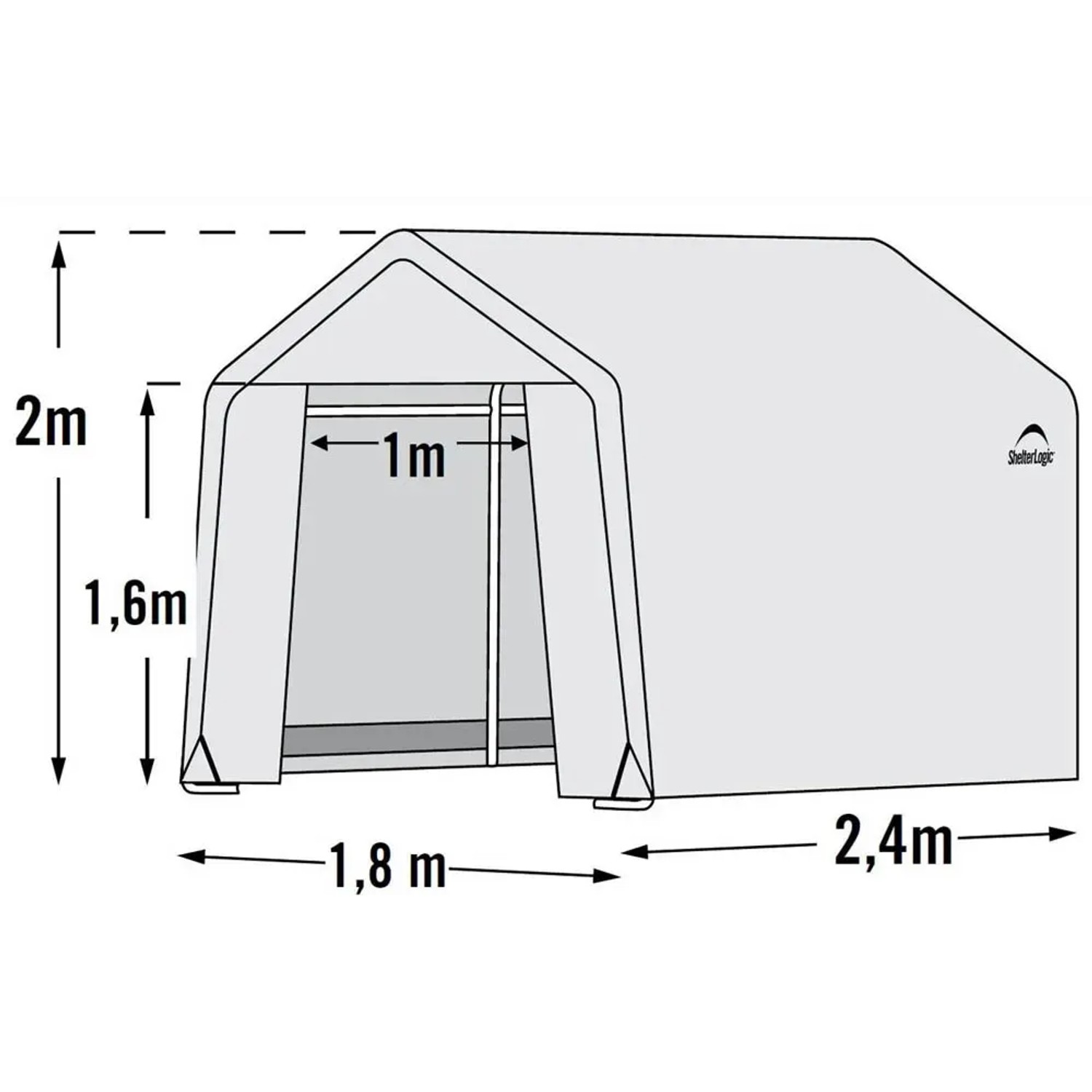 Abbildung des ShelterLogic Foliengewächshauses (240x180cm) in Weiß mit Maßangaben.