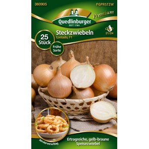 Quedlinburger Steckzwiebeln 'Contado', gelb-braune, runde Speisezwiebeln im Korb.