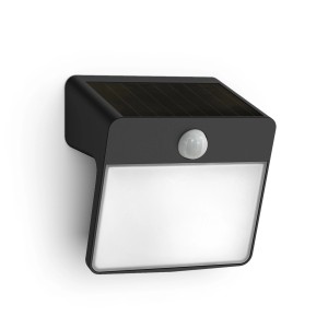 Schwarze Philips Yarixa Solar Wandleuchte mit Bewegungssensor und Solarpanel.
