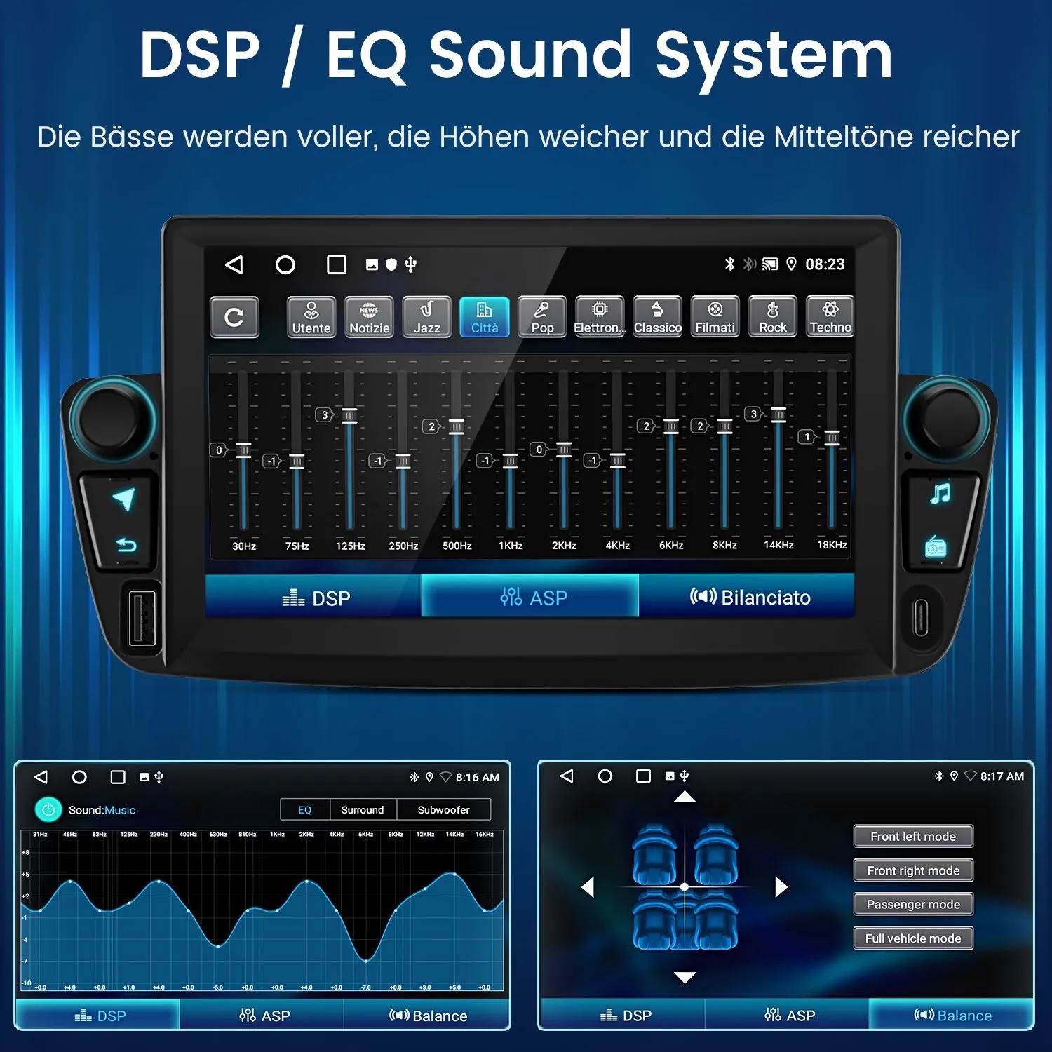 Junsun 7 Zoll Autoradio Display mit Equalizer-Einstellungen für DSP/EQ Sound System. Verbessert Klangqualität in PEUGEOT, Citroen, Toyota.