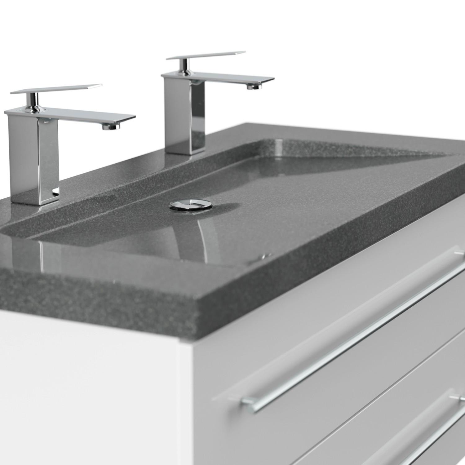 Posseik Badmöbel-Set Yamo, 100 cm, Weiß Hochglanz mit Granit Waschbecken und zwei Hahnlöchern.