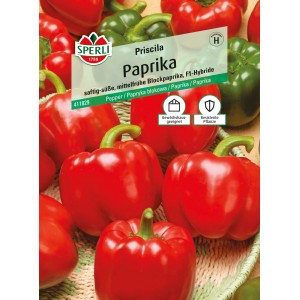 Sperli Paprika Priscila F1-Hybride: Samenpackung mit roten und grünen Blockpaprika.
