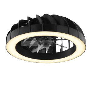 Schwarze LED-Deckenleuchte Fanora mit Ventilator und ringförmiger Beleuchtung.