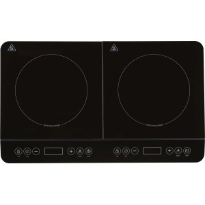 Schwarzes 2er Induktionskochfeld mit Touch-Bedienfeld und 3500 Watt Leistung.