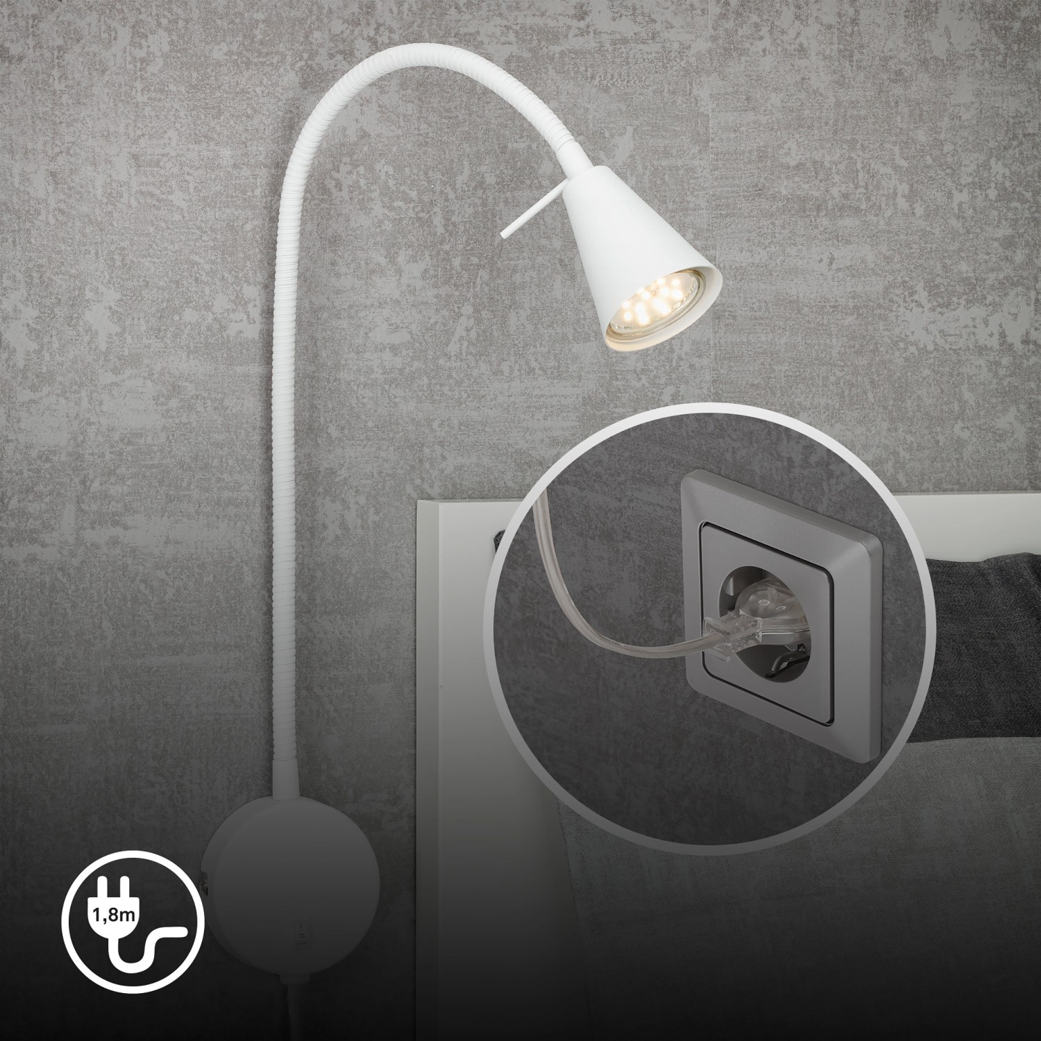 Weiße Briloner LED Bettleuchte Tusa mit schwenkbarem Flexarm, warmweißes Licht.