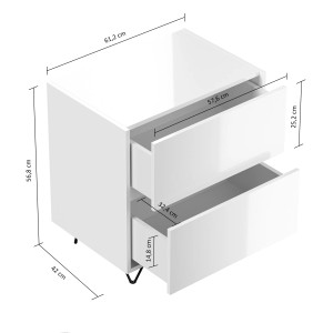 Weißer Posseik Nachttisch Industrial A mit 2 Schubladen und schwarzen Metallfüßen.
