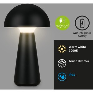 Schwarze Brilo Akku-Tischleuchte Fungo, pilzförmig, mit Touchdimmer und warmweißem Licht.