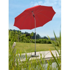 Roter Schneider Marktschirm (Ø 220 cm) mit Push-Up Mechanik im Garten.