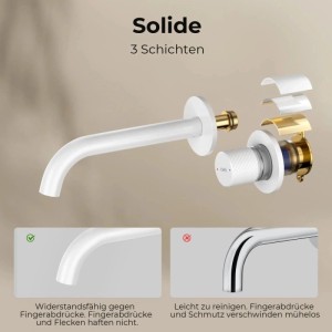 Emke Waschtischarmatur weiß matt zur Wandmontage. Zeigt 3 Schichten und Beständigkeit gegen Fingerabdrücke.