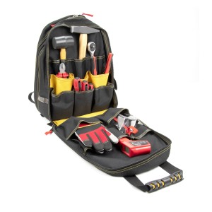 Offener Cat Werkzeugrucksack (43cm) in Schwarz-Gelb, gefüllt mit Werkzeugen und Handschuhen.